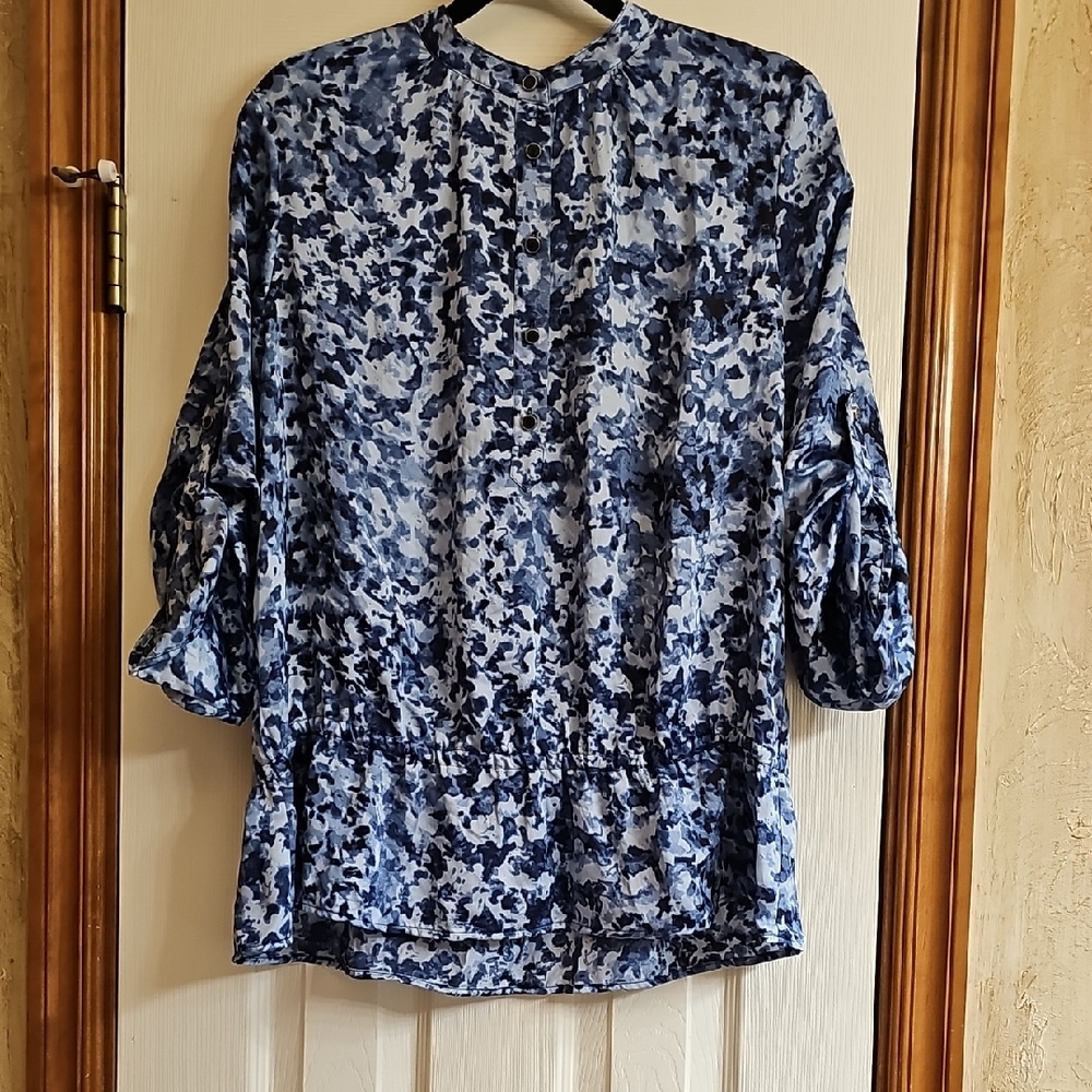 Michael Kors Blue and White Boxy Blouse with Mandarin Collar